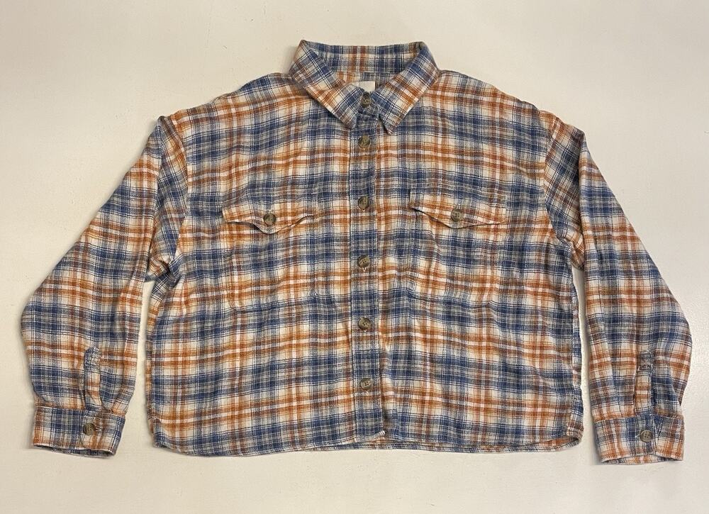 American Eagle Top Womens Shirt XL Cropped Flannel Button Front Tan Blue Plaid